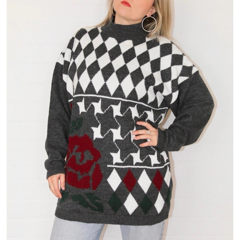 Vintage 1980s Dana Scott Sweater Grey/White‎ Floral Checkered - Large